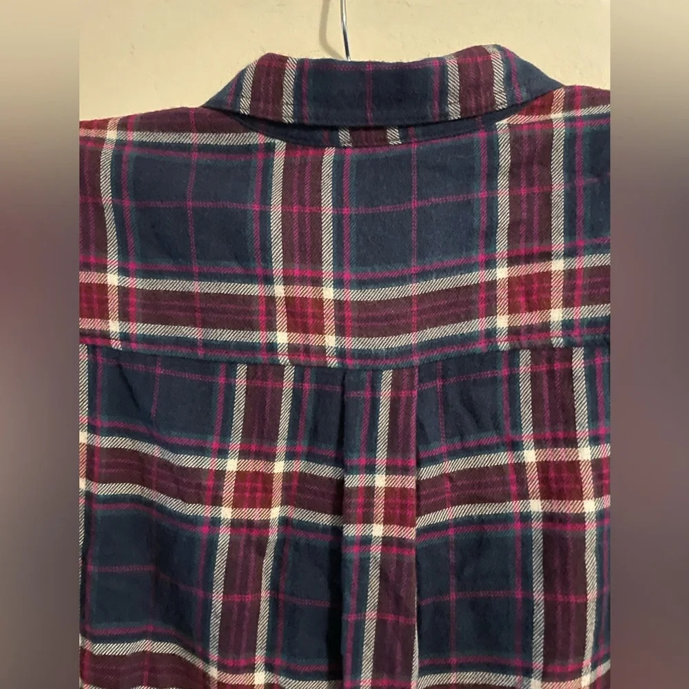 Express Boyfriend Flannel Shirt Blue Pink Double Front Patch Pocket Size Medium - Picture 8 of 11